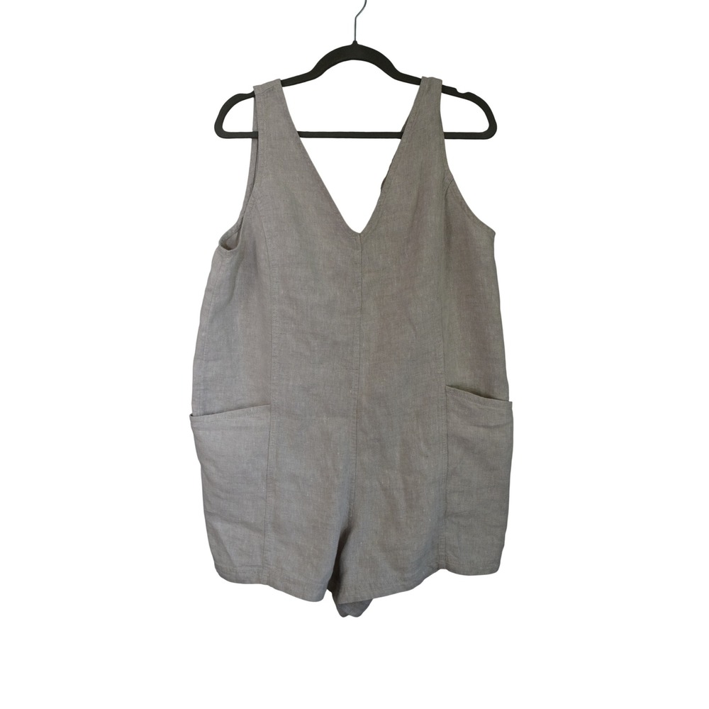 Athleta Retreat Linen Romper Large Beige V-Neck Sleeveless Pocket Summer Women